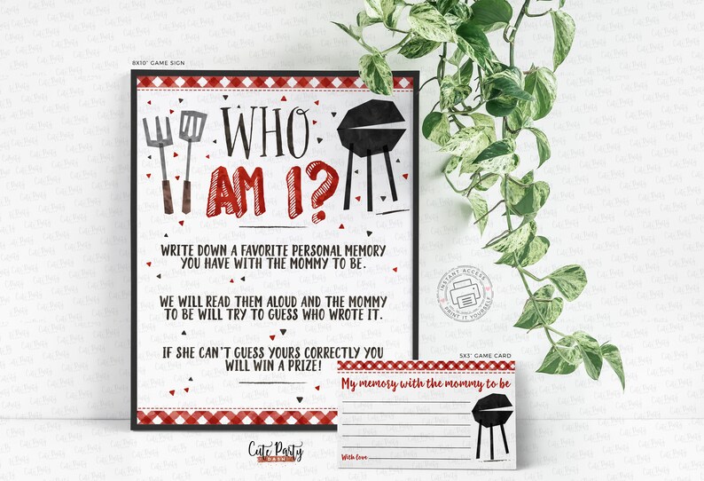 May include: A printable game sign with red and white checkered background. The sign says "Who Am I?" and includes instructions for a game where guests write down a memory they have with the mommy-to-be. The sign also includes a smaller printable card that says "My memory with the mommy to be".