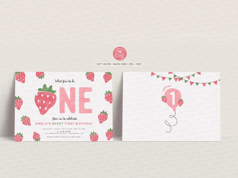 Berry First Birthday invitation digital Strawberry Printable invite Editable Berry Sweet One Girl birthday party INSTANT DOWNLOAD 408