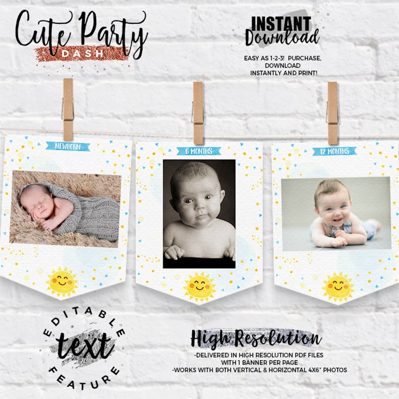Op de afbeelding: Drie afdrukbare baby-mijlpaalfotobanner-sjablonen met een gele zon en blauwe en gele confetti. De banners zijn gelabeld met "nieuwgeborene", "6 maanden" en "12 maanden".