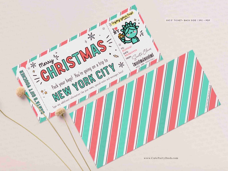 Christmas New York trip ticket Template, Editable Holiday gift ticket, Surprise NYC Vacation Boarding Pass Ticket Trip INSTANT DOWNLOAD Fech