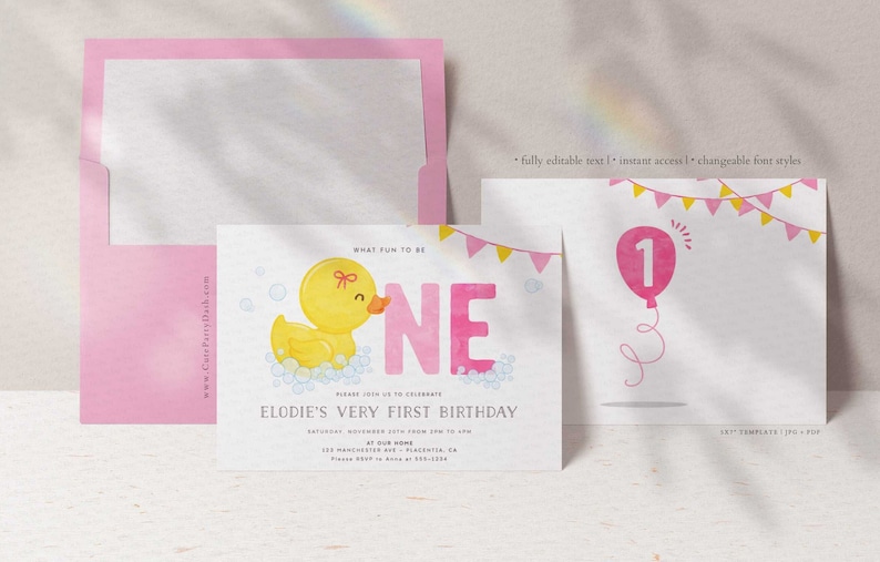 May include: Pink and yellow first birthday party invitation with a cartoon rubber ducky in a bathtub. The invitation says "What fun to be one" and "Elodie's Very First Birthday".