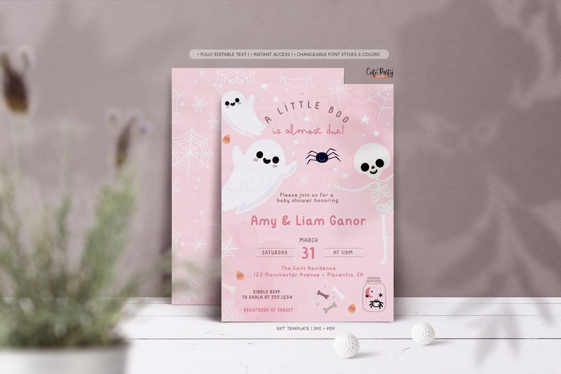 May include: A pink baby shower invitation featuring a ghost, spider, and skeleton illustration. The text reads "A Little Boo is almost due!" and includes the date and time of the event.