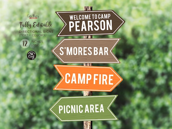 Editable Camping Birthday Party Arrow Signs (Instant Download)
