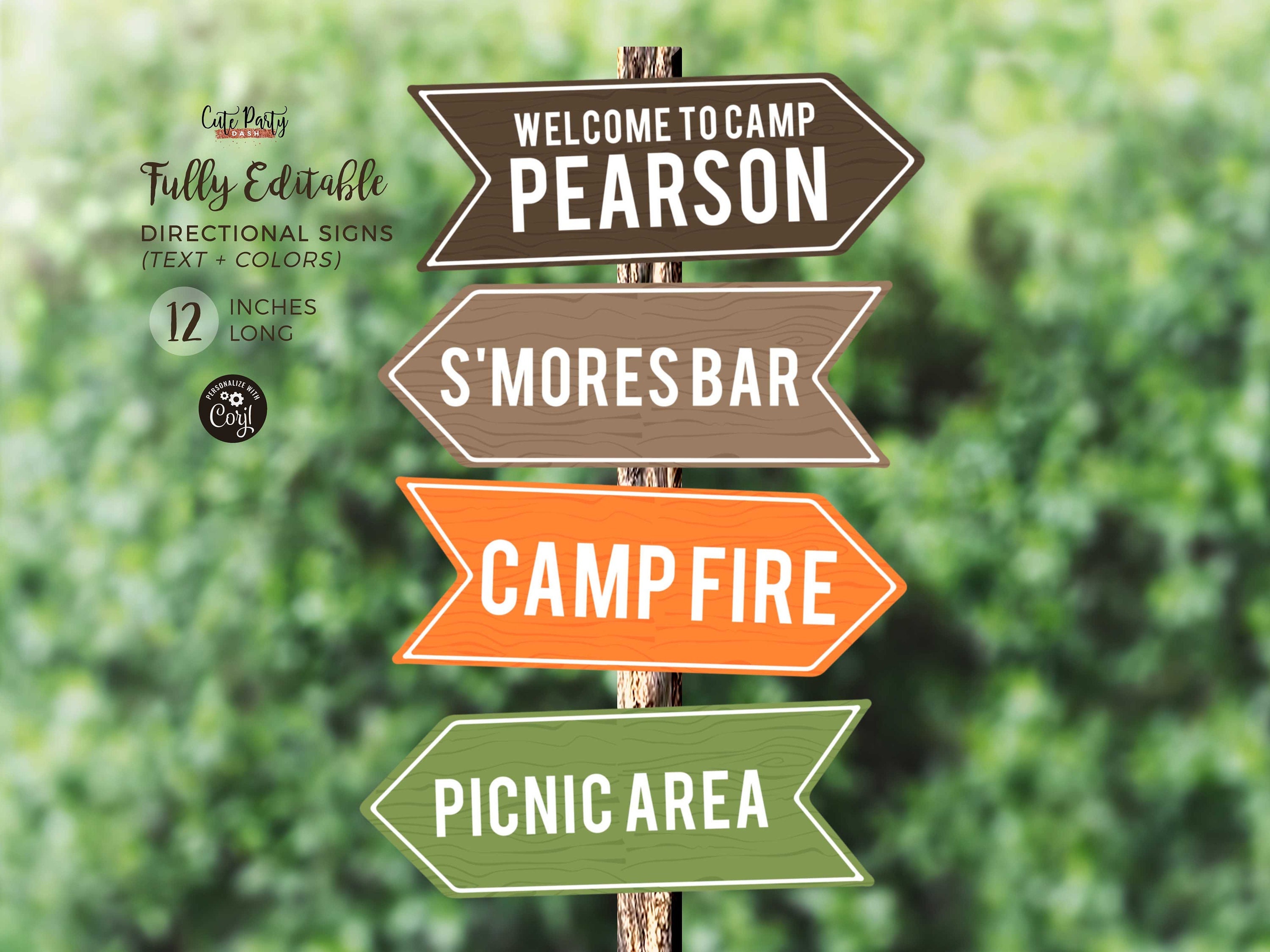 Bearbeitbare Camping Geburtstagsparty Pfeilschilder (Instant Download)