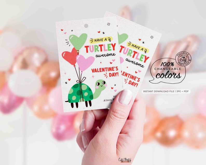 Valentine's Day Kids Classroom Punny Tags Printable INSTANT DOWNLOAD Happy Valentine's Day Pun Card EDITABLE Turtle Non-Candy School Teacher