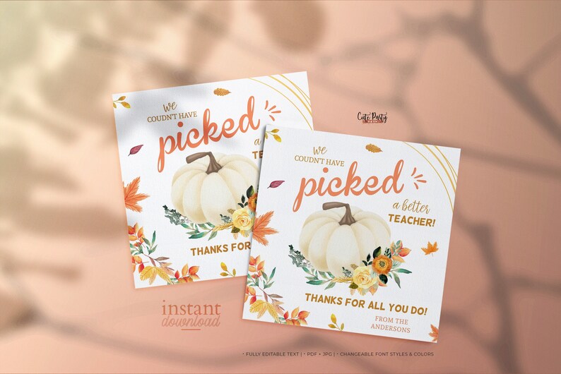 May include: Two printable cards with a white pumpkin and fall foliage. The text on the cards reads "We couldn't have picked a better teacher!" and "Thanks for all you do!"