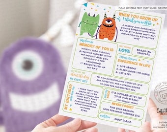 Little Monster First Birthday Time Capsule Card Monsters birthday decor Wishes Predictions & Memories birthday keepsake 494 INSTANT DOWNLOAD