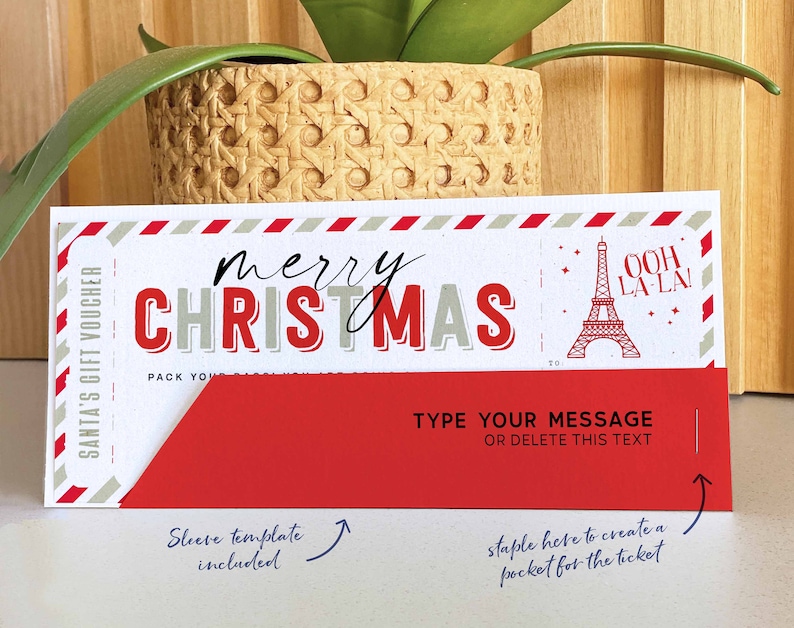 Christmas Trip to Paris Gift ticket Template, Editable Holiday ticket, Surprise France Vacation Boarding Pass Ticket Trip INSTANT DOWNLOAD