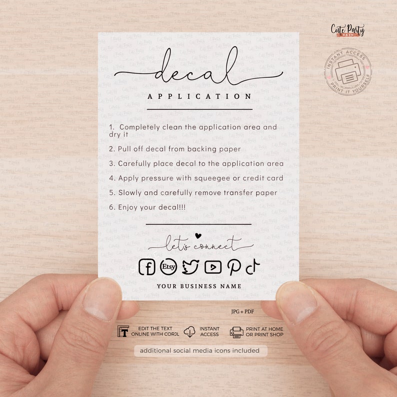 May include: A white card with black text outlining the steps for applying a decal. The card also includes social media icons and the text "let's connect".