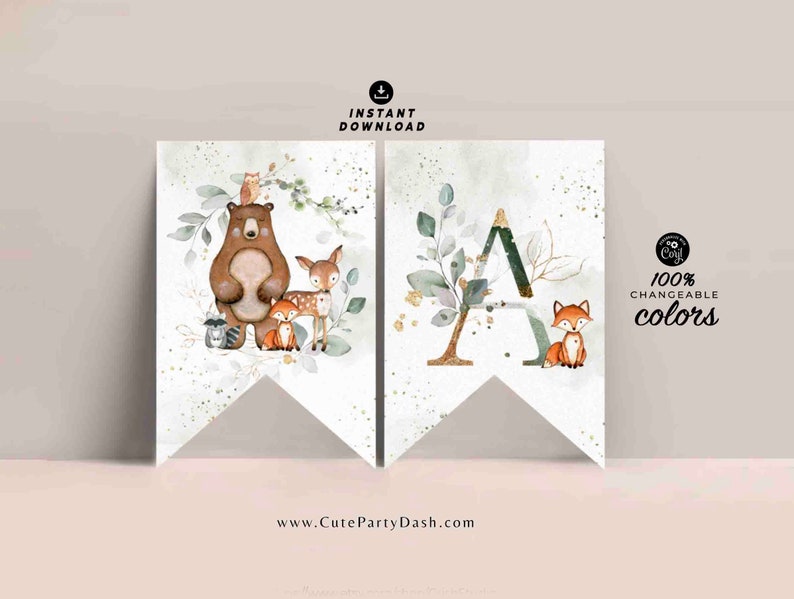 Woodland Greenery Baby Shower Wall Banner Printable INSTANT DOWNLOAD Green & Gold Editable bunting Pennant Flags decor Forest animals 418