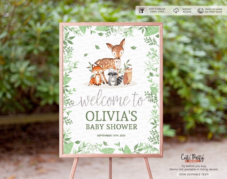 May include: A printable welcome sign for a baby shower with a woodland theme. The sign features a deer, fox, raccoon, and owl surrounded by green leaves. The text on the sign reads "Welcome to Olivia's Baby Shower September 19th, 2020".