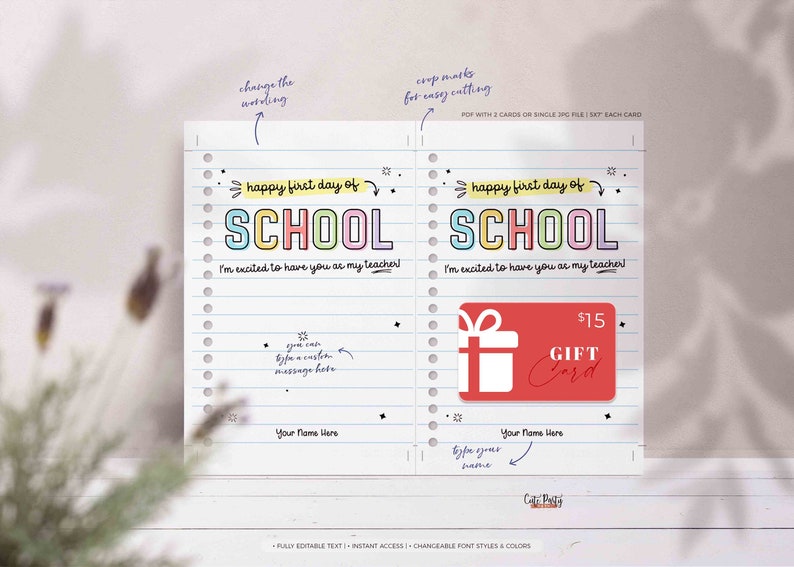 Happy First Day of School Gift Card Holder Editable Welcome Back to School Teacher Gift card School Supplies Card INSTANT DOWNLOAD