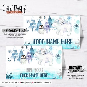 May include: Editable food tent cards featuring a watercolor illustration of a polar bear, penguin, and owls in a snowy forest. The text "FOOD NAME HERE" is included on the card. The cards are 4x2 inches when folded and are high resolution PDF files.