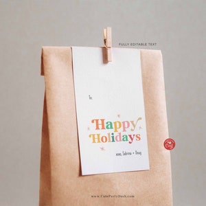 Retro Happy Holidays gift Tags, Editable Happy Holidays hang Tag, Printable Retro Vintage Minimalist Christmas Corjl INSTANT DOWNLOAD