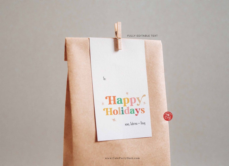 Retro Happy Holidays gift Tags, Editable Happy Holidays hang Tag, Printable Retro Vintage Minimalist Christmas Corjl INSTANT DOWNLOAD