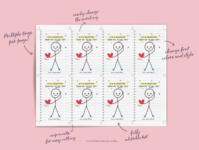 Funny Kids Valentine's Day Cards Printable INSTANT DOWNLOAD Classroom Kids School Tag Happy Valentine's EDITABLE Stick Figure Humor Card