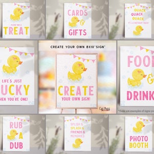 May include: Printable signs for a rubber ducky themed party. The signs feature yellow rubber ducks with pink bows and the text "Cards & Gifts", "Quack Quack Quack It's a Birthday Bash", "Life's Just Ducky When You're One!", "Food & Drinks", "Rub a Dub", "Splish & Splash & Friends & Memories", "Photo Booth", and "Create Your Own Sign!"