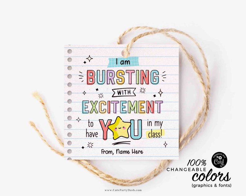 Bursting With Excitement Back to School Candy Tag Editable Printable Teacher Kids Starburst First day of school gift tag INSTANT DOWNLOAD
