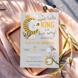 Lion Baby King Shower invitation INSTANT DOWNLOAD Lion Cub baby boy shower, Jungle Lion baby shower corjl Editable invite 241