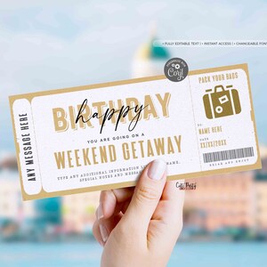 Editable Weekend Getaway Voucher Template, Surprise Trip gift ticket, Weekend Getaway Birthday Trip Away Trip Voucher
gift for mom, gift for dad, weekend getaway, bestseller