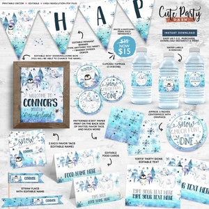 May include: Printable party decorations for a winter-themed first birthday party. The set includes a welcome sign, pennant banner, cupcake toppers, favor tags, food cards, party signs, water bottle labels, and a centerpiece. The design features a penguin and polar bear with a blue and white watercolor background.