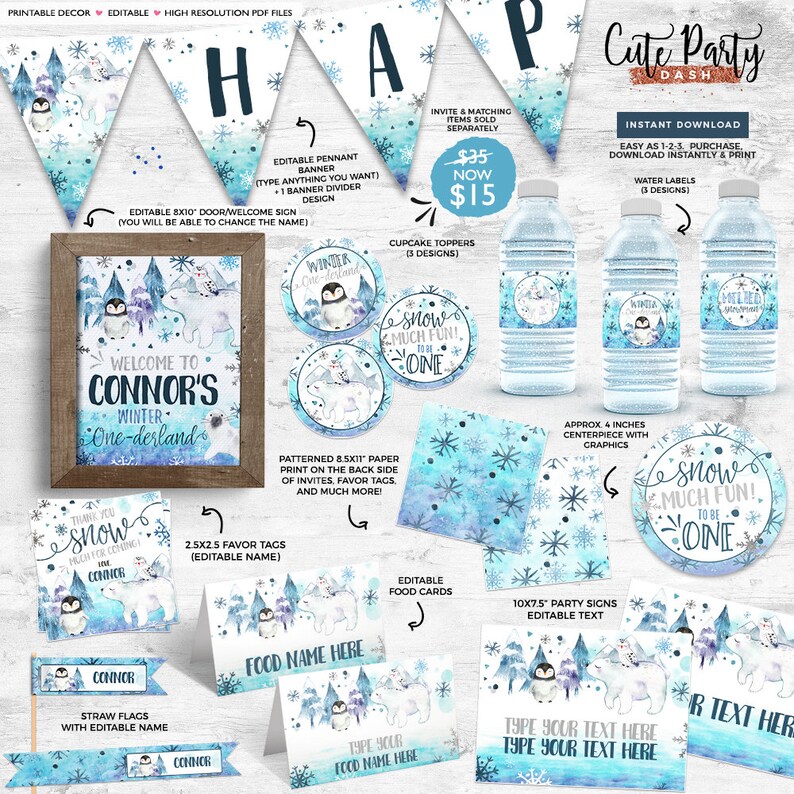 May include: Printable party decorations for a winter-themed first birthday party. The set includes a welcome sign, pennant banner, cupcake toppers, favor tags, food cards, party signs, water bottle labels, and a centerpiece. The design features a penguin and polar bear with a blue and white watercolor background.