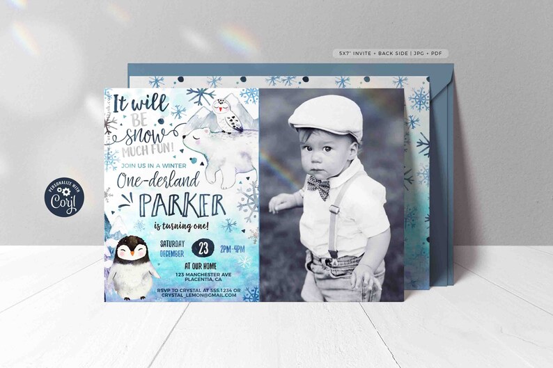 May include: A blue and white winter wonderland themed first birthday party invitation with a penguin, polar bear, and snowflakes. The invitation says "It will be snow much fun! Join us in a winter One-derland Parker is turning one!" with the date and time of the party. A photo of a baby boy in a white shirt, bow tie, and suspenders is in the background.
