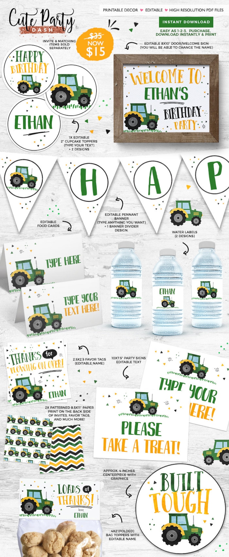 May include: Printable party decorations for a tractor themed birthday party. The set includes a welcome sign, cupcake toppers, food cards, pennant banner, water bottle labels, favor tags, party signs, and thank you tags. The decorations feature a green and yellow tractor with black wheels. The text on the welcome sign says "Welcome to Ethan's Birthday Party".