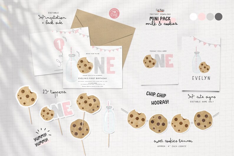 Minimal Milk and Cookies Birthday Girl invitation, INSTANT DOWNLOAD, EDITABLE Minimalist Pink Gray Printable Milk & Cookies Corjl invite