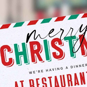 May include: A festive Christmas-themed invitation with a white background. The words "merry CHRISTMAS" are prominently displayed in red and green, with a cursive "merry" in black. The top border has alternating red and green stripes.