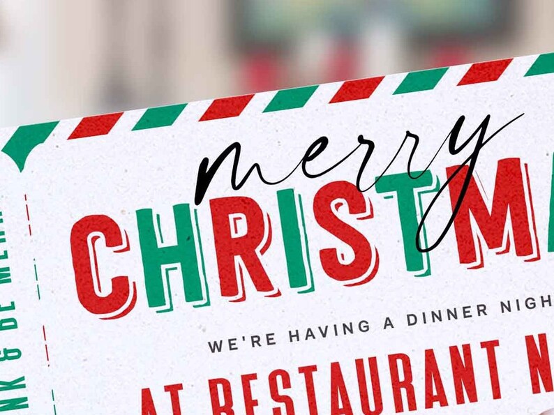 May include: A festive Christmas-themed invitation with a white background. The words "merry CHRISTMAS" are prominently displayed in red and green, with a cursive "merry" in black. The top border has alternating red and green stripes.