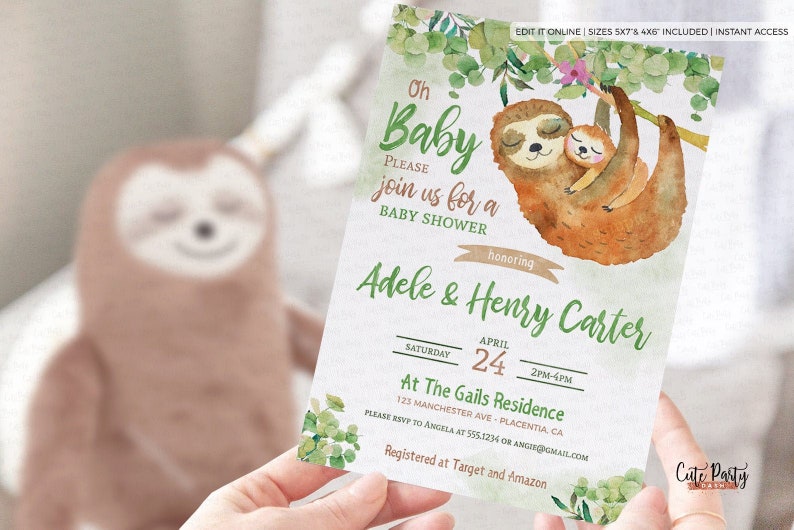 May include: A baby shower invitation with a watercolor illustration of two sloths on a branch. The invitation is for Adele & Henry Carter and is set for April 24th from 2pm to 4pm at The Gails Residence. The invitation includes the address and RSVP information.