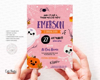 Halloween Birthday invitation girl, Pink Halloween Invitation, Unique Halloween Birthday invitations, Kids Spooky celebration digital 473