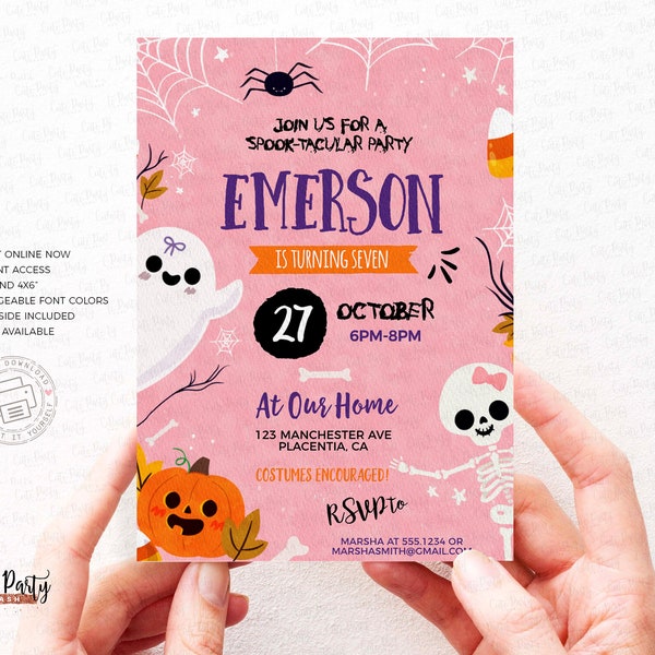 Invitación de Halloween rosa para niña: Celebración infantil espeluznante (Descarga digital)