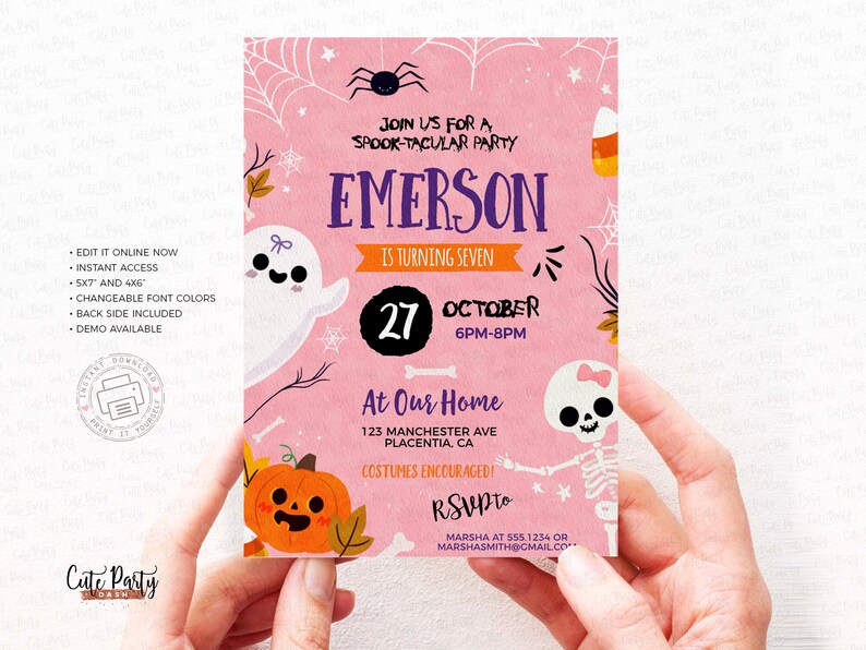 Halloween Birthday Invitation Girl Pink Halloween Invitation Etsy