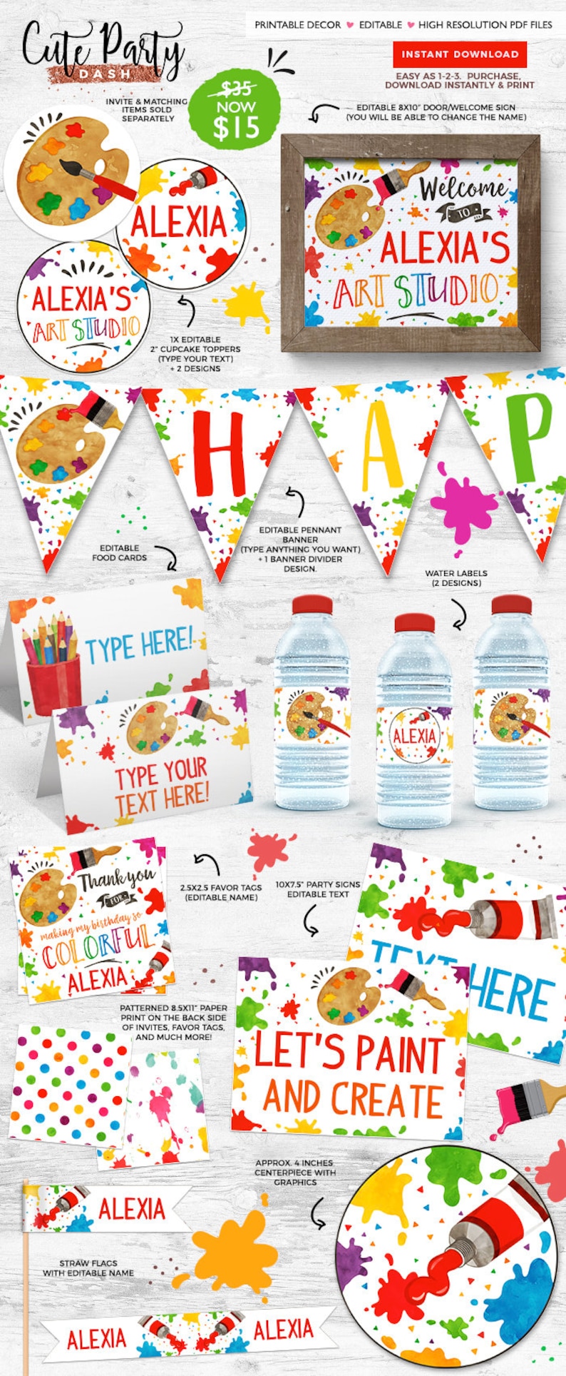 Editable Art party Birthday decorations 
INSTANT DOWNLOAD