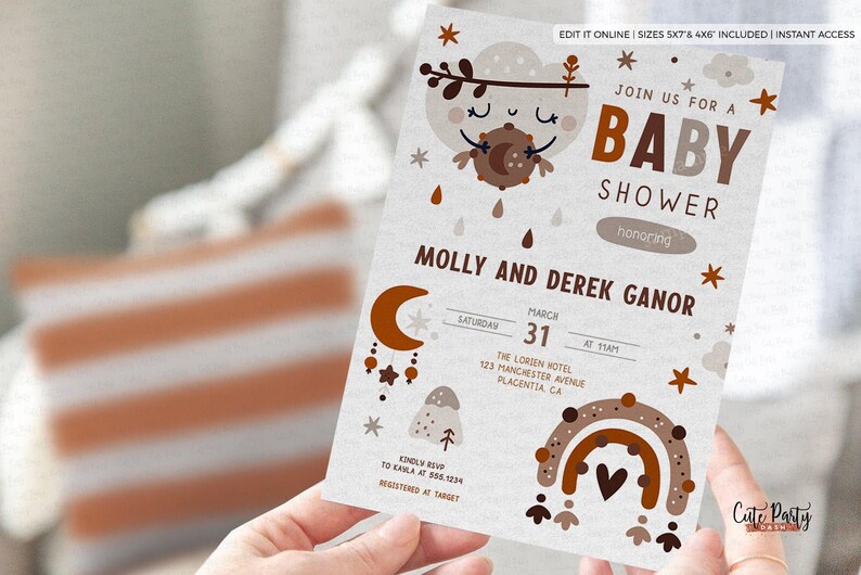 Boho Baby Boy Shower Invitation Template Bohemian Rainbow Etsy