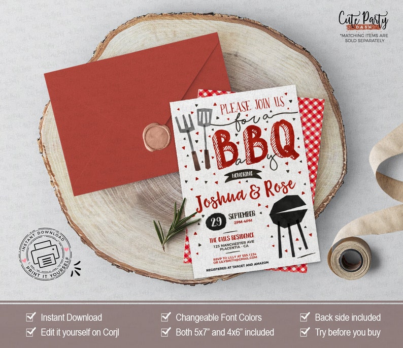 May include: Printable BBQ party invitation with red and white gingham pattern. The invitation features a black and white illustration of a grill and utensils. The text reads "Please join us for a BBQ" and "Joshua & Rose".
