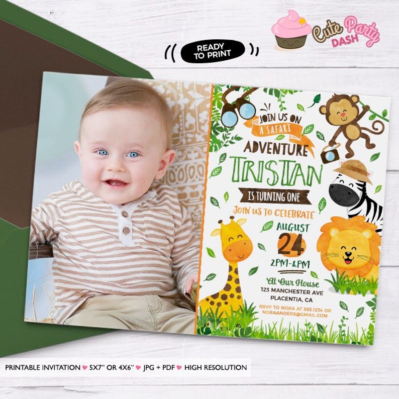 Safari Birthday Photo invitation Jungle animals DIY printable Safari invitation Safari Birthday Party invite