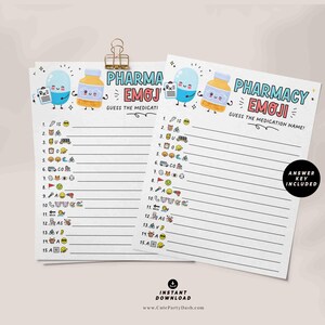 May include: Two printable game cards with a pharmacy theme. The cards feature a cartoon pill bottle and a cartoon capsule with the text "Pharma Emoji" and "Pharmacy Emoji". The cards have a list of emojis and blank lines to write in the names of medications.