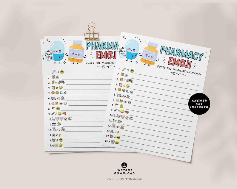 May include: Two printable game cards with a pharmacy theme. The cards feature a cartoon pill bottle and a cartoon capsule with the text "Pharma Emoji" and "Pharmacy Emoji". The cards have a list of emojis and blank lines to write in the names of medications.