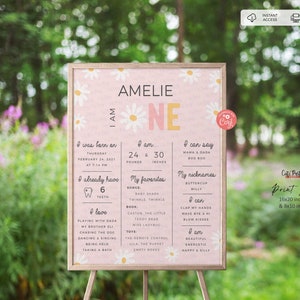 May include: A pink and yellow printable first birthday sign with the name Amelie and the number one. The sign includes details about the child's birth, weight, and other milestones.