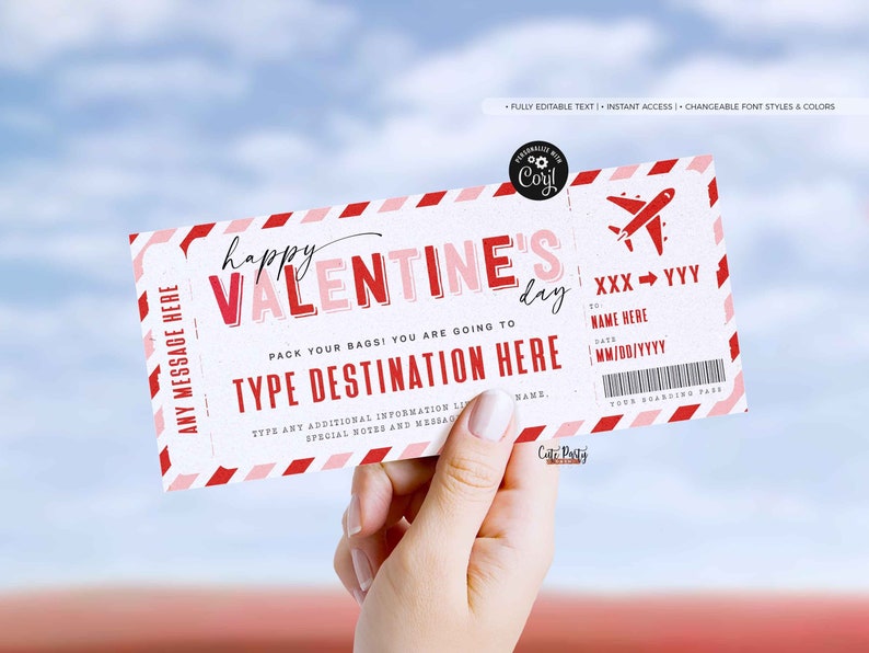 Boarding Pass Ticket Template, Editable Valentine's Day gift ticket, Fake Vacation Airplane Ticket Trip, Airlines Voucher INSTANT DOWNLOAD