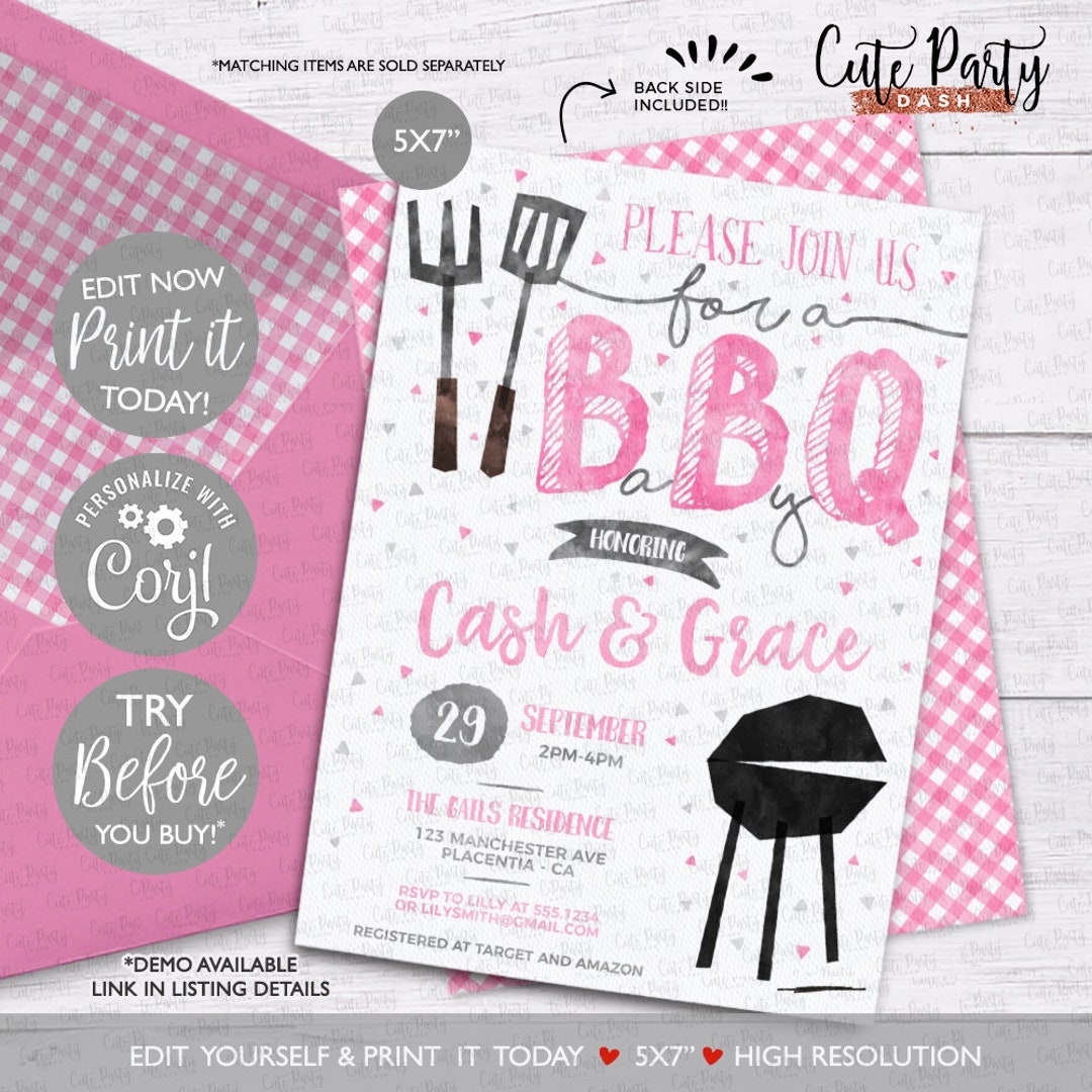 Pink Bbq Pattern Pink BBQ Baby Shower Invitation: Editable Babyq (digital Download) - Etsy