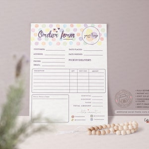May include: A printable order form template with a pastel rainbow polka dot background. The form includes fields for customer information, date placed, date needed, pickup or delivery, description, quantity, unit cost, amount, subtotal, discount, taxes, and total amount. The form also includes a section for special notes and terms. The text "let's connect" is included with social media icons.