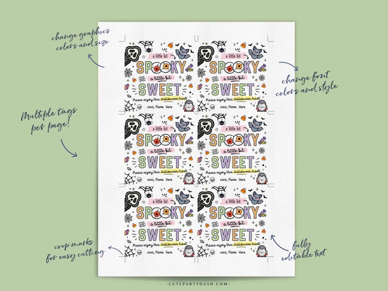 May include: Four printable Halloween treat bag tags with a spooky theme. The tags feature a variety of Halloween-themed graphics, including ghosts, bats, spiders, and candy corn. The text on the tags reads "Spooky Sweet" and "Please enjoy this Halloween treat".