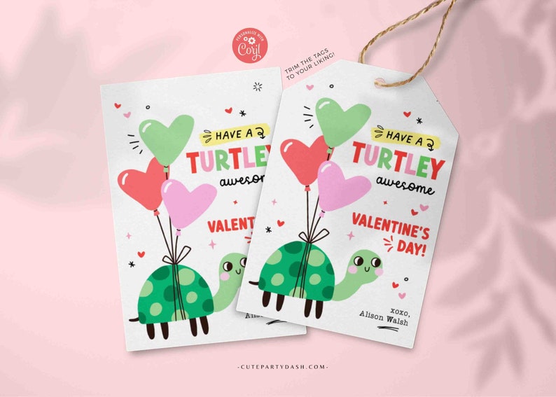 Valentine's Day Kids Classroom Punny Tags Printable INSTANT DOWNLOAD Happy Valentine's Day Pun Card EDITABLE Turtle Non-Candy School Teacher
