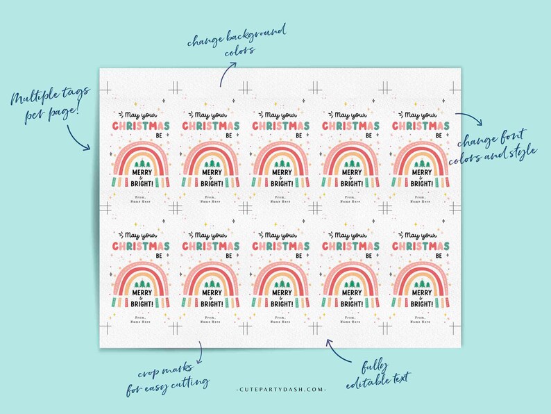 May include: Printable Christmas gift tags with a rainbow design and the text "May your Christmas be Merry & Bright!" The tags are on a white background with crop marks for easy cutting.