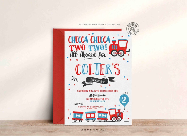 Chugga Chugga Choo choo Train Birthday Party invitations two two Birthday Party printable invitations Watercolors birthday invitations
