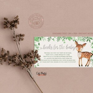May include: A green and white baby shower invitation with a cute deer illustration. The text reads "books for the baby" and includes a request for guests to bring a book instead of a card.